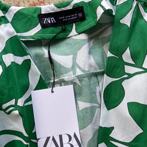 NWT ZARA Women's Belted Green & White Leaves Printed Long Midi Dress, Medium - Picture 7 of 13